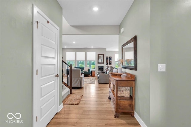 5345 Ridgecrest Ln, Mccordsville, IN 46055 - hall with stairway, light wood-style flooring, and recessed lighting