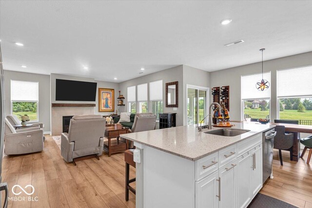 5345 Ridgecrest Ln, Mccordsville, IN 46055 - kitchen with white cabinets, light wood-type flooring, a fireplace, stainless steel dishwasher, and healthy amount of natural light