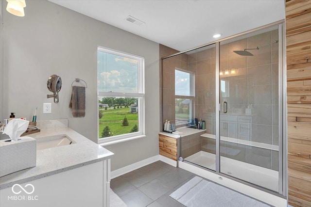 5345 Ridgecrest Ln, Mccordsville, IN 46055 - bathroom with tile patterned flooring, vanity, plenty of natural light, a shower stall, and recessed lighting