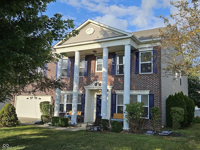 14171 Refreshing Garden Ln, Fishers, IN 46038 - neoclassical home featuring brick siding, a front yard, and a garage
