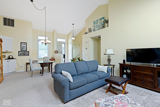 1114 Clairborne Ct, Indianapolis, IN 46280 - living area featuring light colored carpet, a chandelier, and high vaulted ceiling