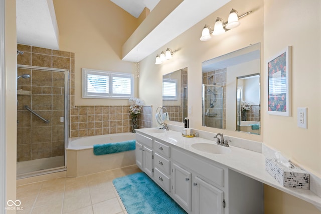1114 Clairborne Ct, Indianapolis, IN 46280 - bathroom featuring tile patterned flooring, a garden tub, double vanity, and a shower stall