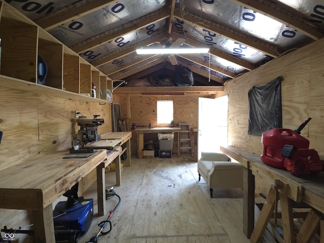 8401 Culpeper Dr, Indianapolis, IN 46227 - miscellaneous room with a workshop area, lofted ceiling, and hardwood / wood-style floors