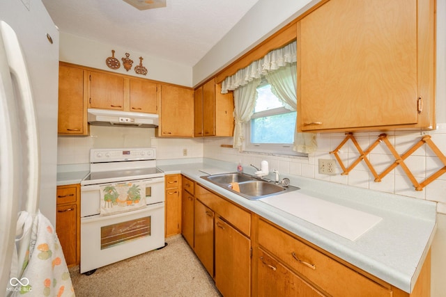 10104 Sycamore Ln, Indianapolis, IN 46239 - kitchen with white appliances, under cabinet range hood, decorative backsplash, and light countertops