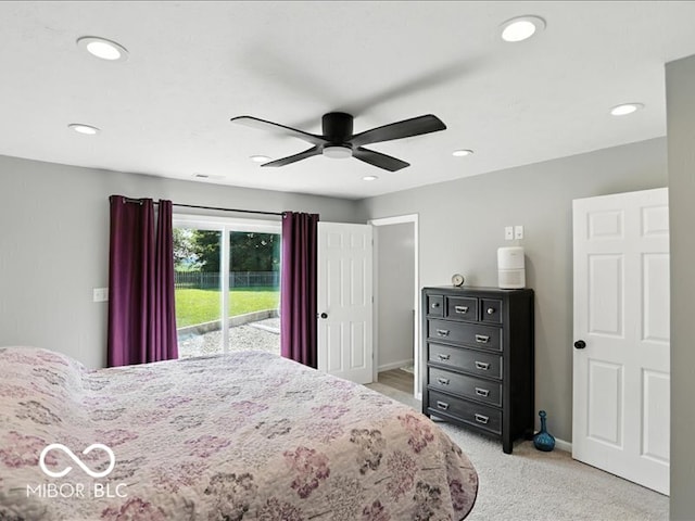 11093 N Pheasant Run, Fairland, IN 46126 - bedroom with access to exterior, recessed lighting, light carpet, and a ceiling fan