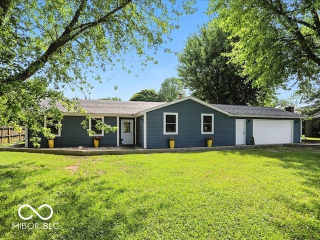 11093 N Pheasant Run, Fairland, IN 46126 - ranch-style house with a front yard, a garage, and a chimney