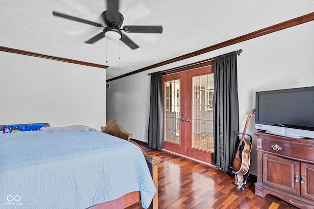 6092 N Jack Morgan Rd, Austin, IN 47102 - bedroom with wood finished floors, french doors, a textured ceiling, access to exterior, and ornamental molding