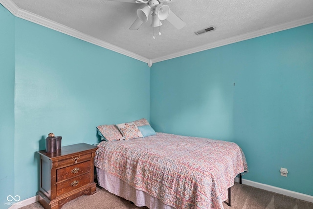 6092 N Jack Morgan Rd, Austin, IN 47102 - bedroom featuring ornamental molding, carpet flooring, a textured ceiling, and a ceiling fan