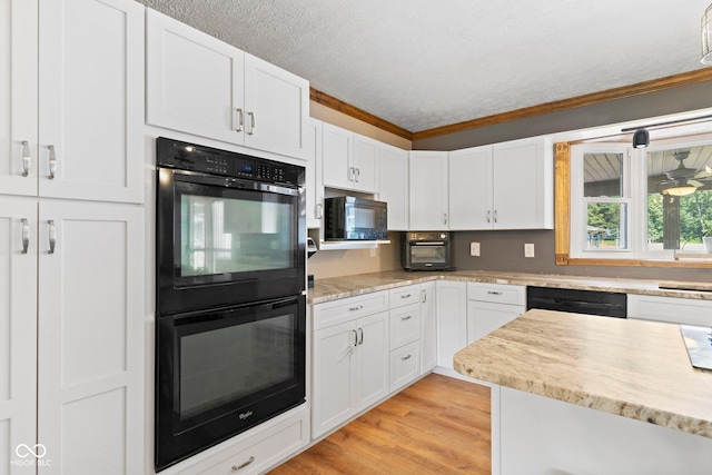 6092 N Jack Morgan Rd, Austin, IN 47102 - kitchen with black appliances, crown molding, white cabinets, a textured ceiling, and light wood-style floors