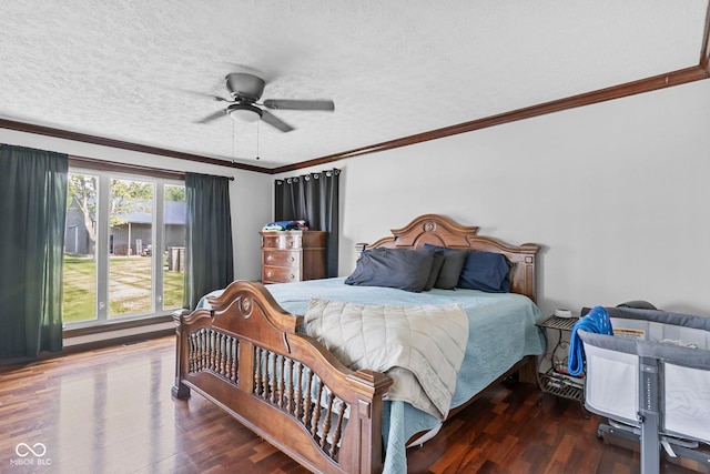 6092 N Jack Morgan Rd, Austin, IN 47102 - bedroom featuring wood finished floors, ornamental molding, a textured ceiling, and a ceiling fan