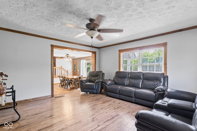 6092 N Jack Morgan Rd, Austin, IN 47102 - living room with ceiling fan, light wood-style flooring, ornamental molding, and a textured ceiling