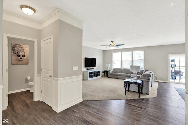 4596 Peabody Way, Westfield, IN 46062 - living area featuring ceiling fan, healthy amount of natural light, dark wood-style flooring, and ornamental molding