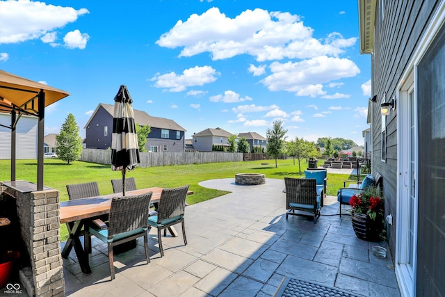 4596 Peabody Way, Westfield, IN 46062 - fenced backyard with an outdoor fire pit, a patio area, a residential view, and outdoor dining space