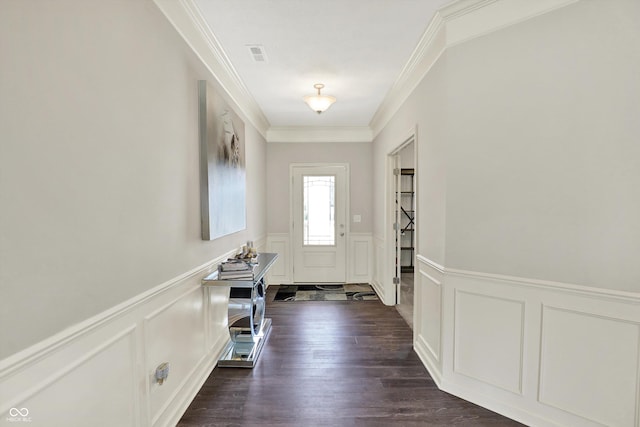 4596 Peabody Way, Westfield, IN 46062 - foyer entrance featuring a decorative wall, crown molding, a wainscoted wall, and dark wood finished floors