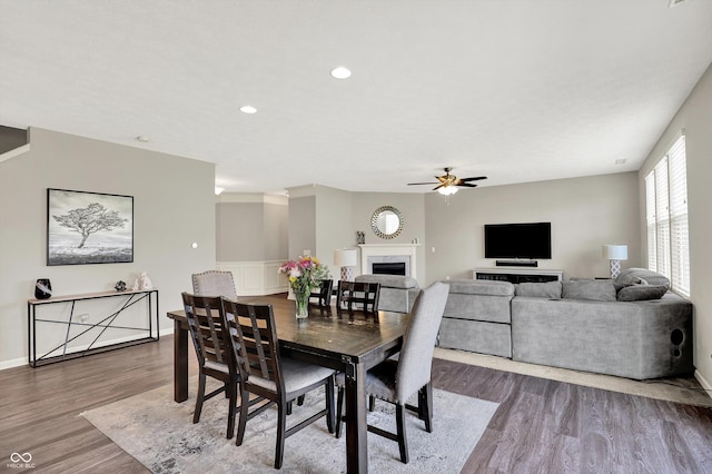 4596 Peabody Way, Westfield, IN 46062 - dining room with wood finished floors, ceiling fan, a fireplace, and recessed lighting