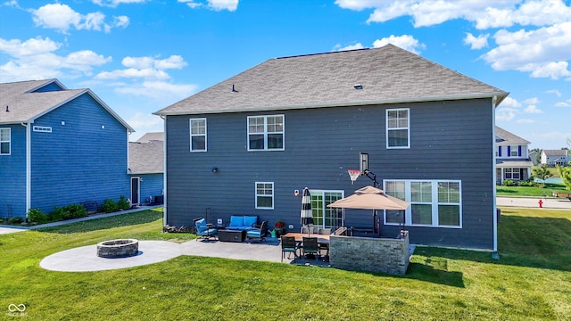 4596 Peabody Way, Westfield, IN 46062 - back of house featuring an outdoor living space with a fire pit, a patio area, a lawn, and roof with shingles