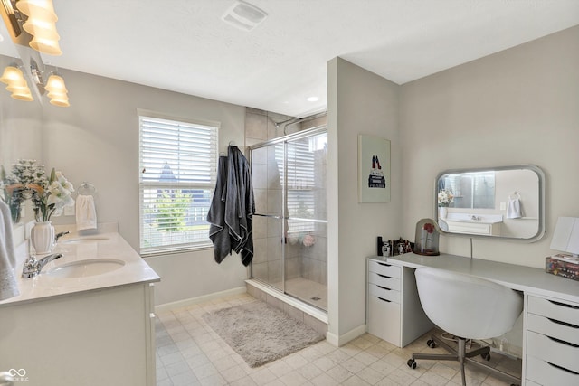4596 Peabody Way, Westfield, IN 46062 - full bath featuring a shower stall, double vanity, a chandelier, and tile patterned floors