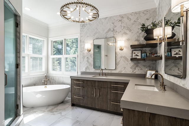 9681 Pleasant View Ln, Zionsville, IN 46077 - full bathroom featuring tile walls, double vanity, ornamental molding, a freestanding tub, and marble finish floors