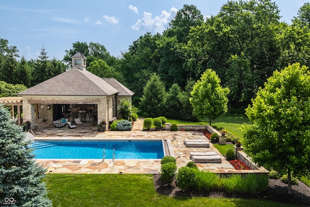 9681 Pleasant View Ln, Zionsville, IN 46077 - swimming pool featuring a gazebo, a patio, and a lawn