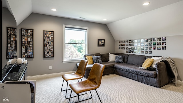 9681 Pleasant View Ln, Zionsville, IN 46077 - carpeted living area with vaulted ceiling and recessed lighting