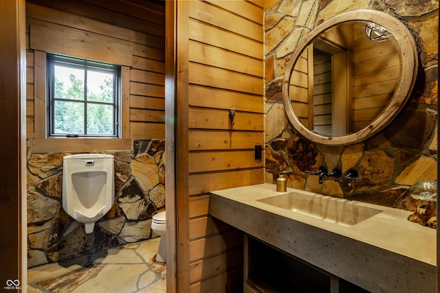 9681 Pleasant View Ln, Zionsville, IN 46077 - bathroom with wood walls, stone floors, and vanity