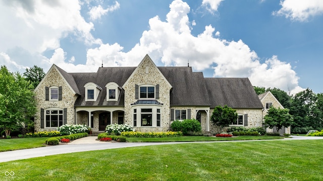 9681 Pleasant View Ln, Zionsville, IN 46077 - french provincial home with a front yard, a porch, stone siding, and roof with shingles