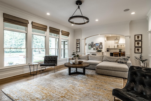 9681 Pleasant View Ln, Zionsville, IN 46077 - living area with arched walkways, healthy amount of natural light, crown molding, wood finished floors, and recessed lighting