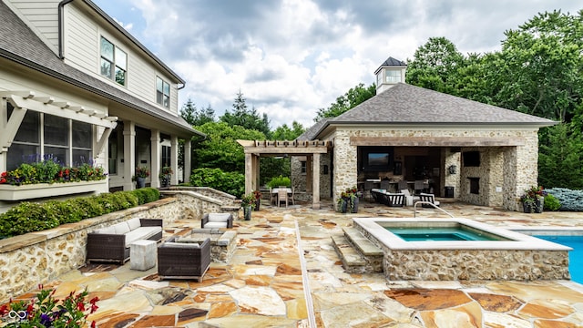 9681 Pleasant View Ln, Zionsville, IN 46077 - view of patio with an outdoor living space with a fireplace, an in-ground hot tub, and an outdoor pool
