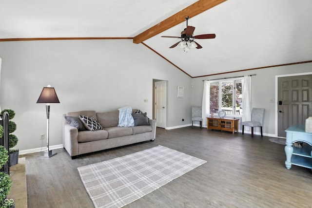 1011 Stevedon Ct, Plainfield, IN 46168 - living area featuring ceiling fan, wood finished floors, beamed ceiling, and high vaulted ceiling