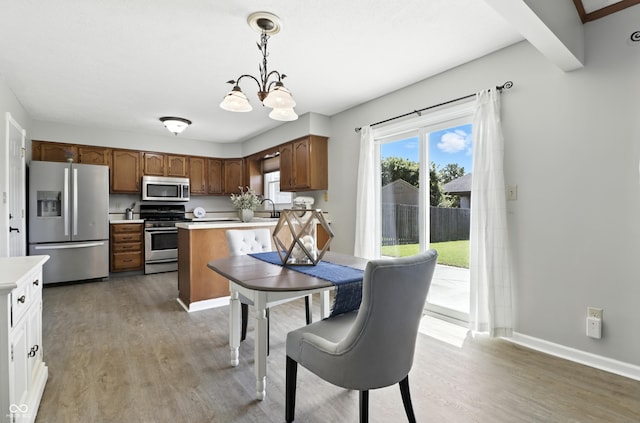 1011 Stevedon Ct, Plainfield, IN 46168 - kitchen with appliances with stainless steel finishes, a chandelier, light countertops, and light wood-style floors