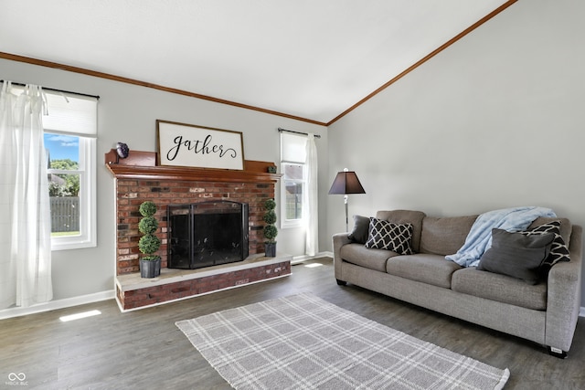 1011 Stevedon Ct, Plainfield, IN 46168 - living area with ornamental molding, wood finished floors, vaulted ceiling, and a fireplace