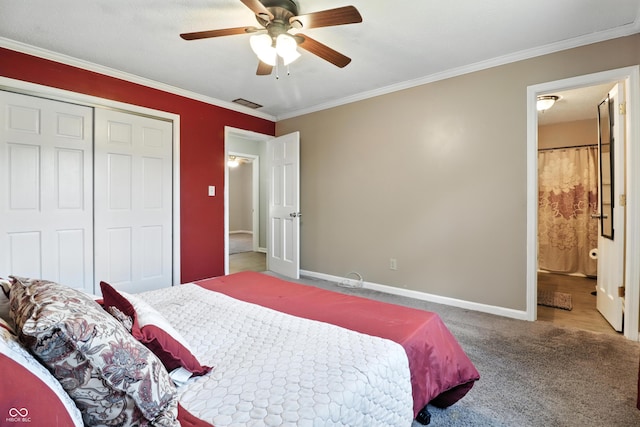 1011 Stevedon Ct, Plainfield, IN 46168 - bedroom with crown molding, a closet, carpet, ensuite bathroom, and a ceiling fan