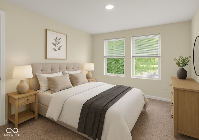 bedroom with light carpet and recessed lighting