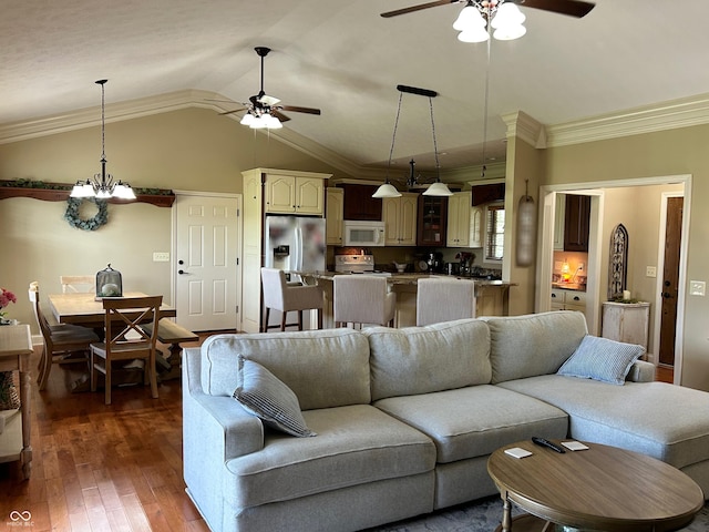 2080 Galway Trl N, Madison, IN 47250 - living area with a ceiling fan, dark wood-type flooring, ornamental molding, vaulted ceiling, and a chandelier