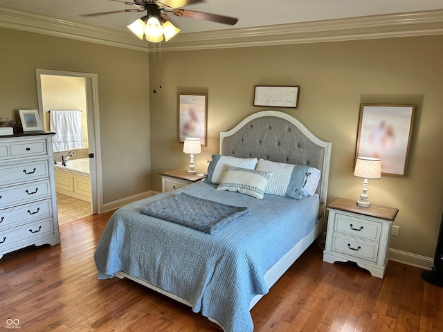 2080 Galway Trl N, Madison, IN 47250 - bedroom with ornamental molding, hardwood / wood-style flooring, connected bathroom, and a ceiling fan