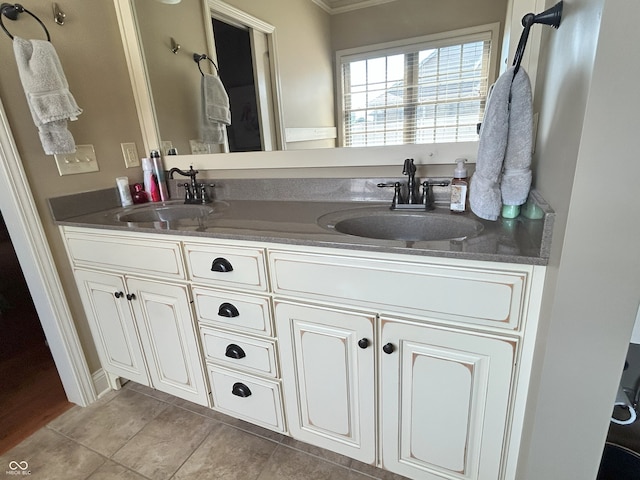 2080 Galway Trl N, Madison, IN 47250 - bathroom featuring double vanity, crown molding, and tile patterned floors