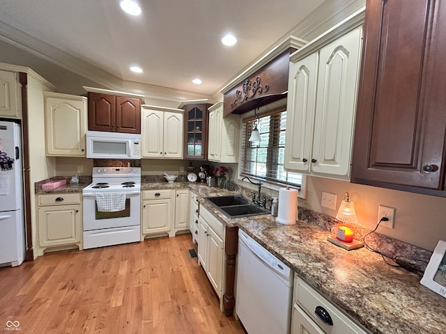 2080 Galway Trl N, Madison, IN 47250 - kitchen featuring white appliances, crown molding, glass insert cabinets, light wood-type flooring, and recessed lighting