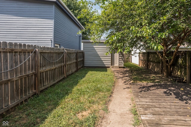 1456 Fletcher Ave, Indianapolis, IN 46203 - fenced backyard featuring a wooden deck and an outbuilding
