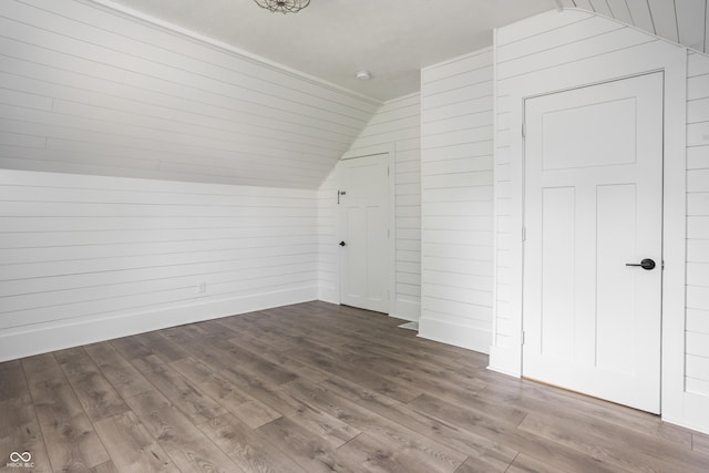 1456 Fletcher Ave, Indianapolis, IN 46203 - additional living space with lofted ceiling, dark wood-type flooring, and wooden walls