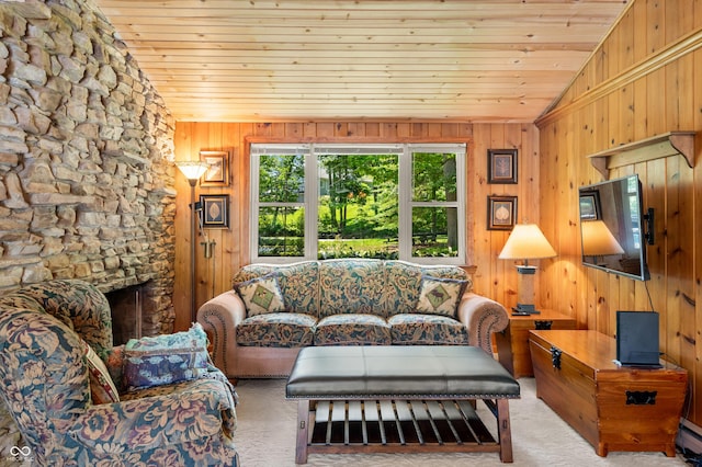 6254 Grosbeak Ct, Nineveh, IN 46164 - carpeted living room featuring vaulted ceiling, wood ceiling, and wood walls
