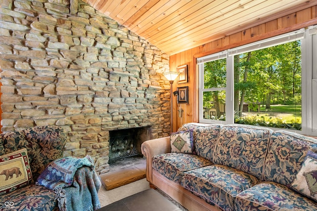 6254 Grosbeak Ct, Nineveh, IN 46164 - living room with vaulted ceiling, wood ceiling, and a stone fireplace