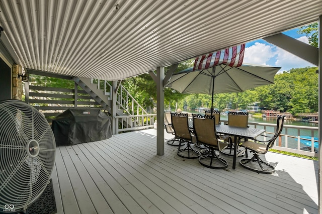 6254 Grosbeak Ct, Nineveh, IN 46164 - wooden deck featuring a water view, outdoor dining space, stairway, and a grill