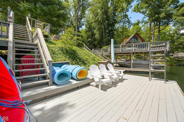 6254 Grosbeak Ct, Nineveh, IN 46164 - dock with stairs, a water view, view of scattered trees, and boat lift