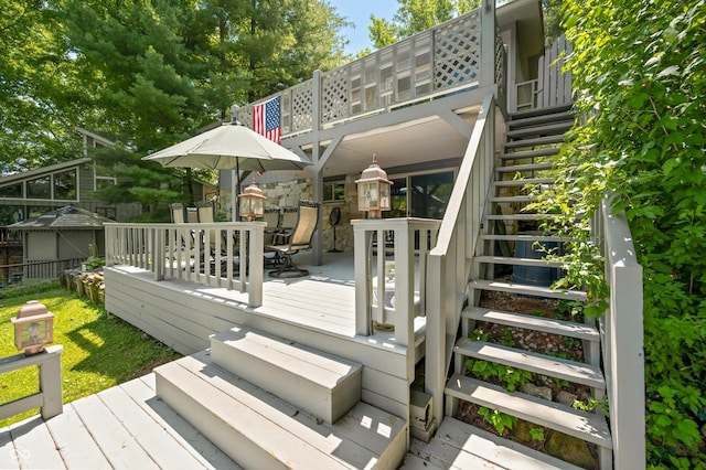6254 Grosbeak Ct, Nineveh, IN 46164 - wooden deck featuring stairs and outdoor dining space