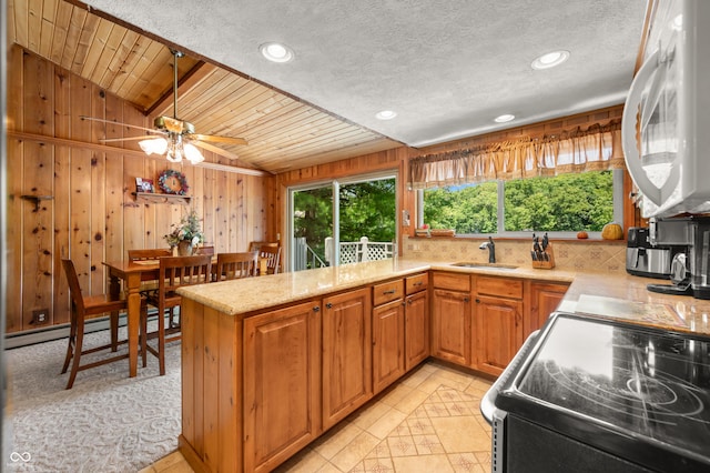 6254 Grosbeak Ct, Nineveh, IN 46164 - kitchen featuring range with electric stovetop, vaulted ceiling, decorative backsplash, recessed lighting, and light tile patterned flooring