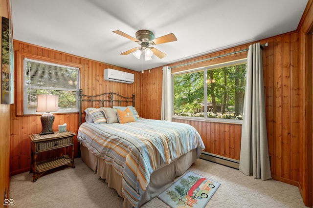 6254 Grosbeak Ct, Nineveh, IN 46164 - bedroom with a wall mounted air conditioner, a baseboard radiator, wood walls, light carpet, and ceiling fan