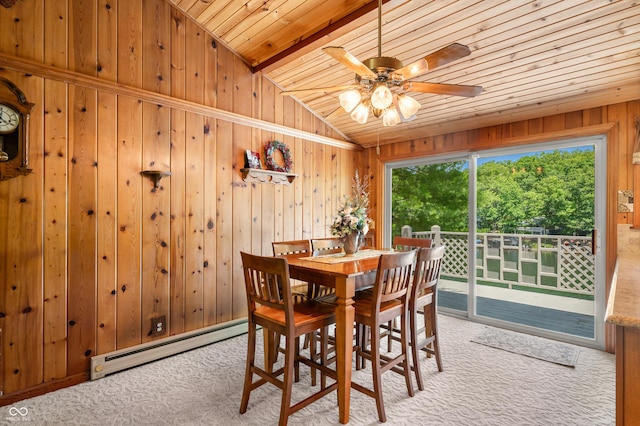 6254 Grosbeak Ct, Nineveh, IN 46164 - dining space featuring baseboard heating, lofted ceiling, wood ceiling, carpet, and wooden walls