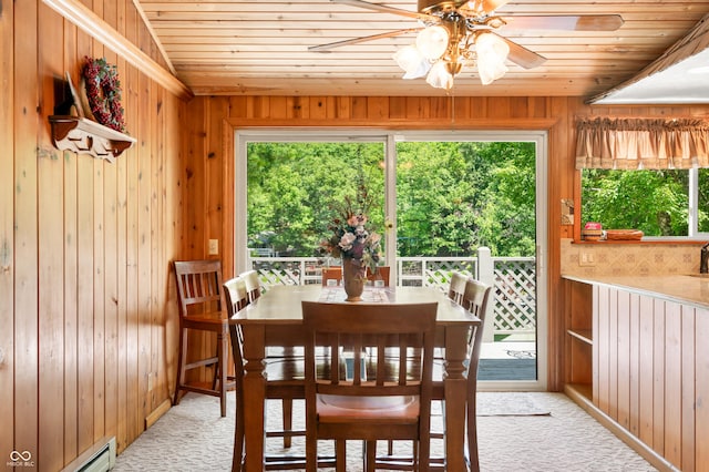 6254 Grosbeak Ct, Nineveh, IN 46164 - dining area with carpet flooring, wood walls, a ceiling fan, wooden ceiling, and a baseboard radiator