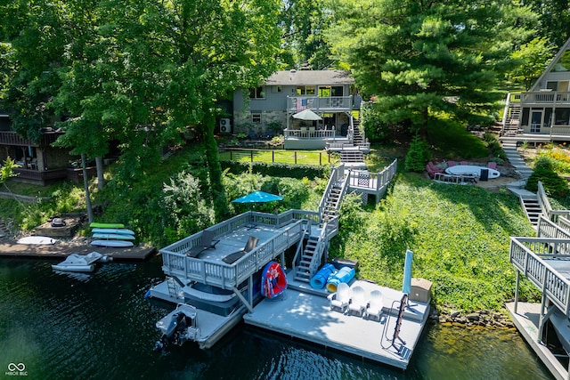 6254 Grosbeak Ct, Nineveh, IN 46164 - dock featuring stairs, a water view, boat lift, and view of scattered trees