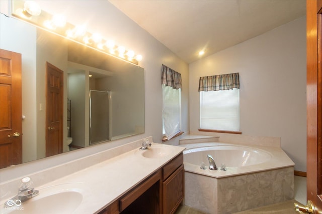 4625 Pine Park Ln, Indianapolis, IN 46268 - full bathroom with lofted ceiling, a shower stall, a garden tub, and double vanity